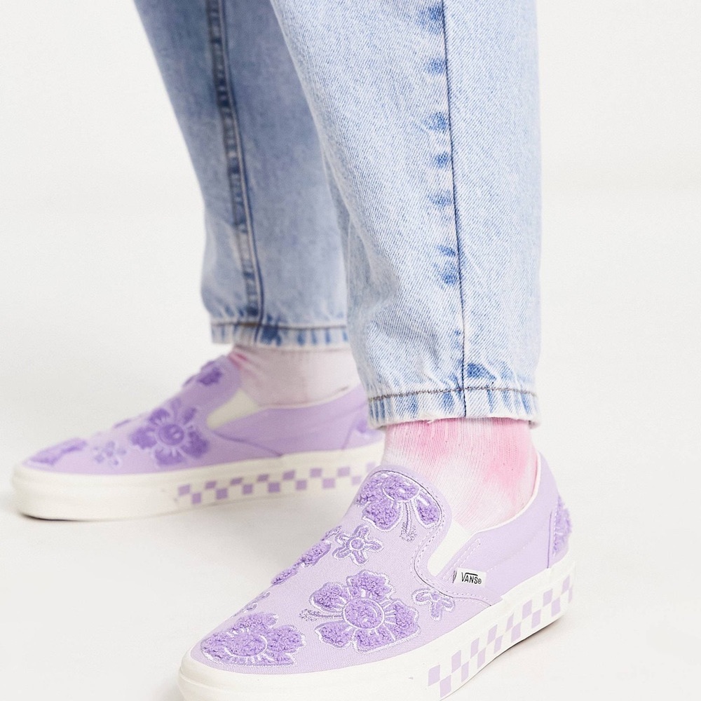 Vans classic checkered slip-ones in beaded purple.